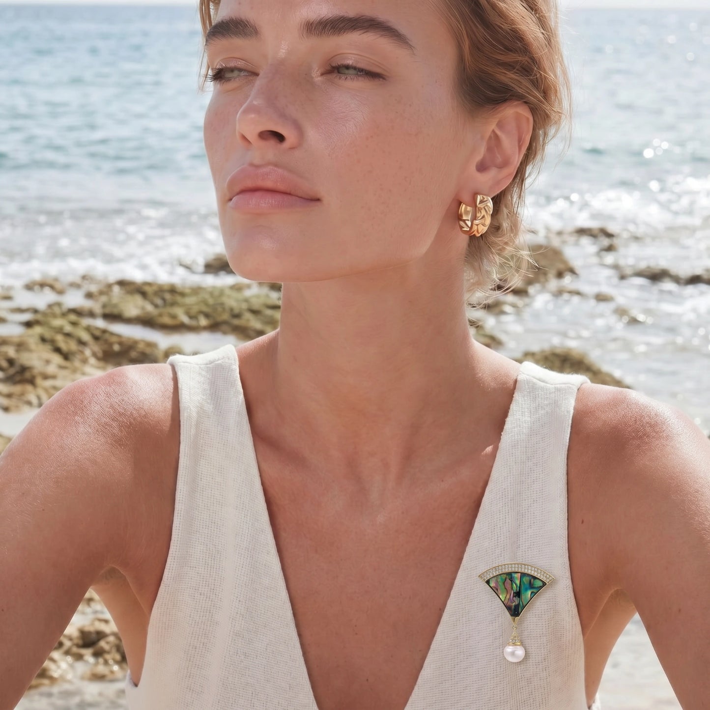 Iridescent Fan Pearl Brooch by ELLEAURE