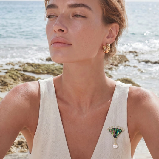 Iridescent Fan Pearl Brooch by ELLEAURE